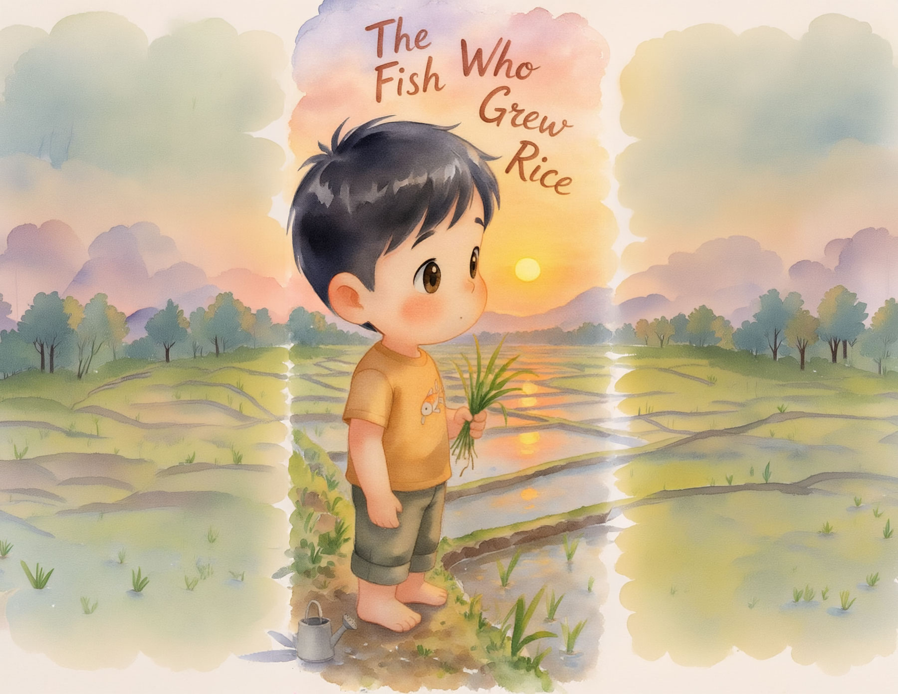 Jukichi's Garden cover — a boy holding rice by a paddy at sunset